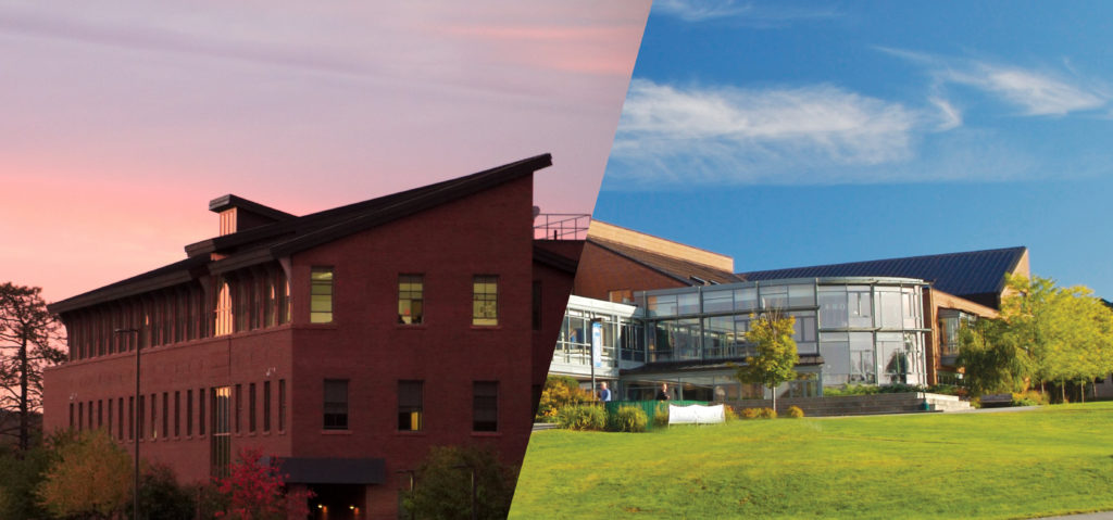 Edificios del campus de NVU, lado izquierdo al atardecer, lado derecho durante el día