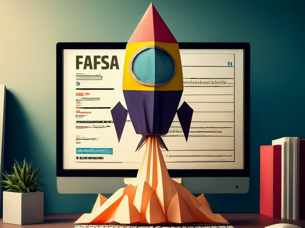 Formulario FAFSA en una pantalla de computadora con un cohete hecho de papel lanzado frente a él